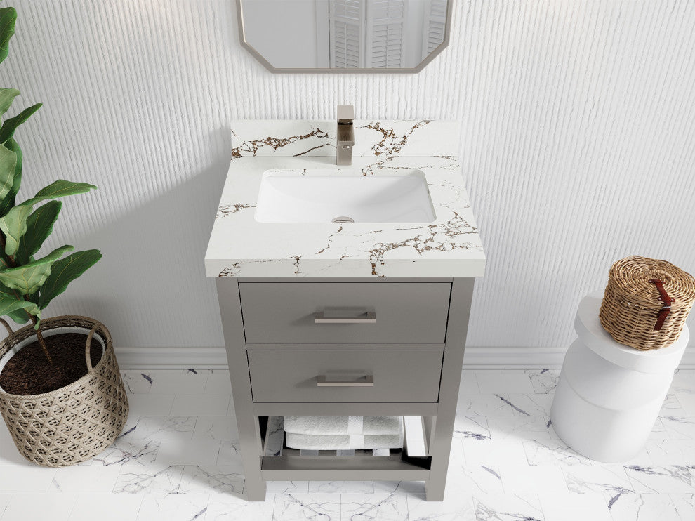 Parker 24" Single Sink Bath Vanity, Elephant Skin Gray 2" Viola Brown