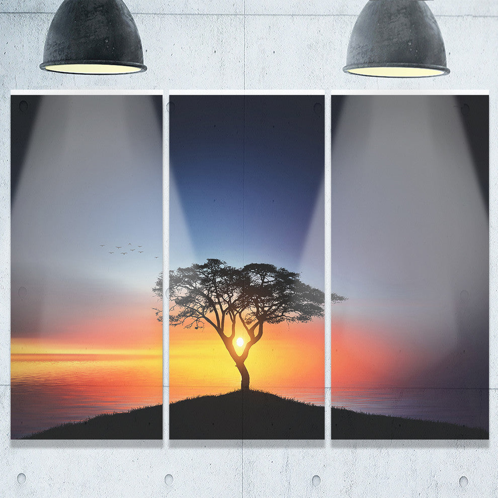 "Beautiful Sunset Over Lonely Tree" Metal Landscape, 3 Panels, 36"x28"