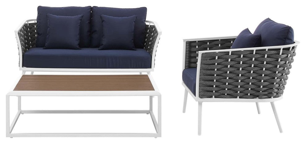 White Navy Stance 3 Piece Outdoor Patio Aluminum Sectional Sofa Set