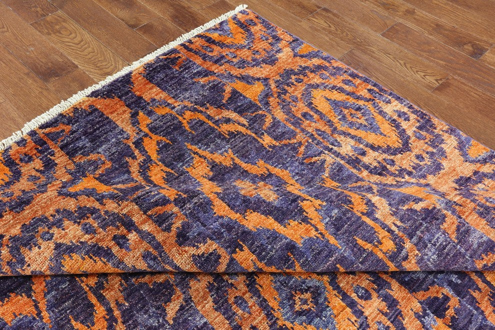 Unique Size 6'x12' Purple and Orange Kaitag Hand Knotted Wool Area Rug H8821