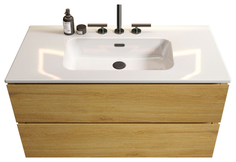 Wall-Mounted Bathroom Vanity Set with Ceramic Sink, Oak, 36"