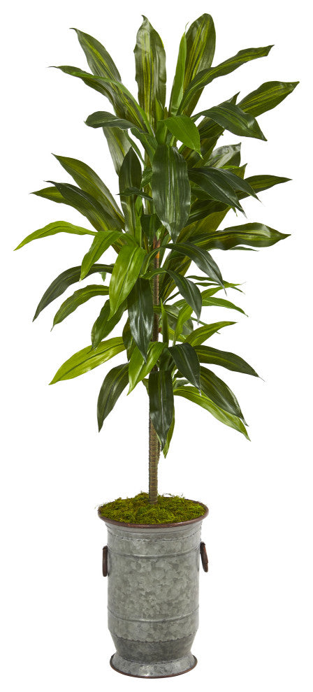 4' Dracaena Artificial Plant, Vintage Metal Planter, Real Touch