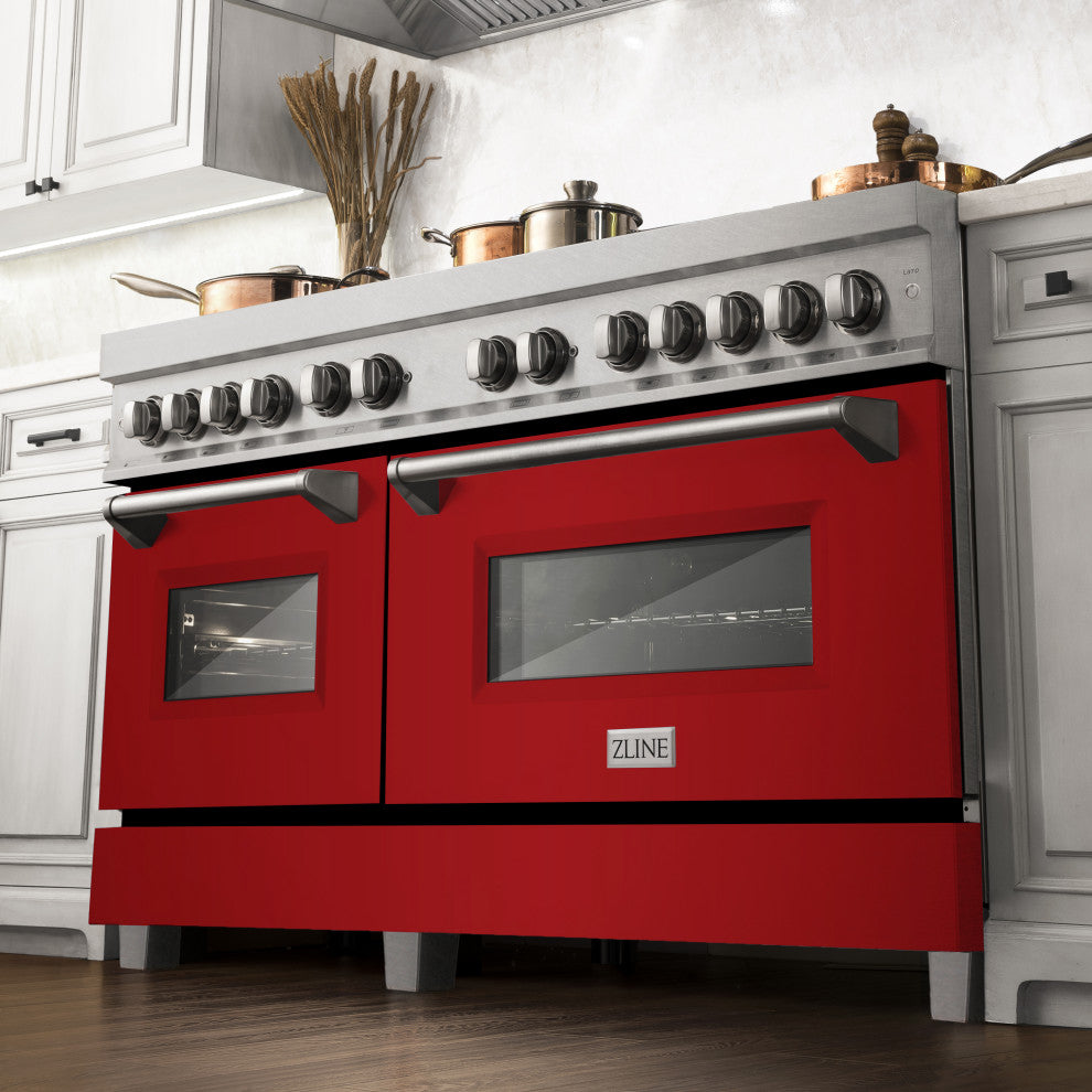 ZLINE 60" Dual Fuel Range, DuraSnow With Red Gloss Door RAS-RG-60