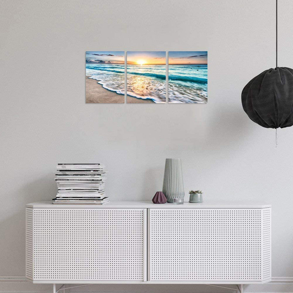 3-Panel White Beach Canvas Wall Art for Home Decor Blue Sea Sunset