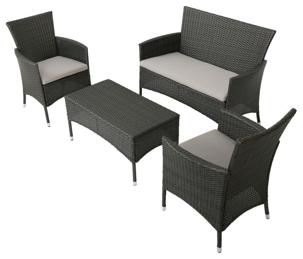 GDF Studio 4-Piece Olivera Outdoor Gray Wicker Chat With Cushions Set
