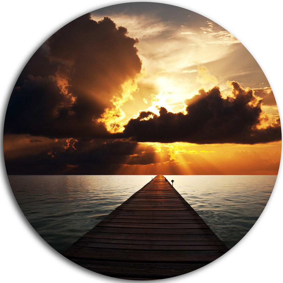 Indefinite Wooden Pier To Gloomy Sea, Sea Bridge Disc Metal Art, 11"