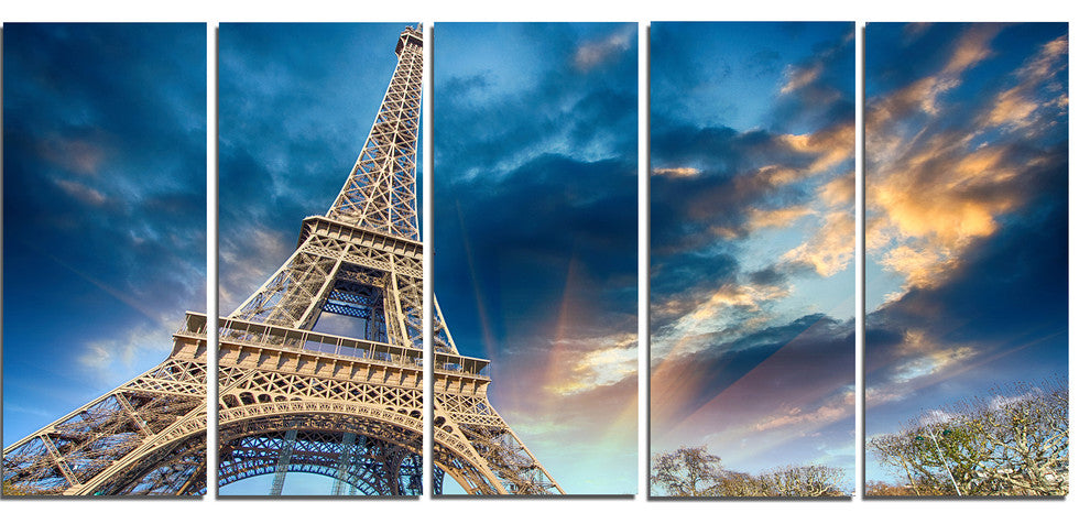 "Beautiful View Paris Eiffel Tower Under Fiery Sky" Wall Art, 60"x28", 5-Panels
