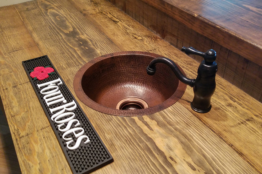 14" Round Hammered Copper Bar Sink With  2" Drain Size, Oil Rubbed Bronze, 3.5"