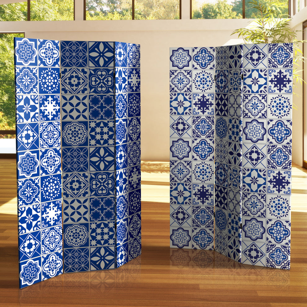 6' Tall Double Sided Blue and White Tile Canvas Room Divider