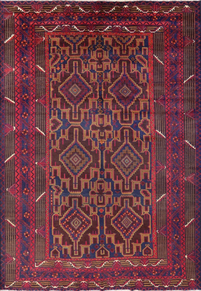 Tribal Geometric Blue Afghan Hand-Knotted Wool Rug, 6'x9'