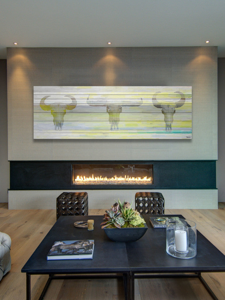 "Three Skulls" Print on White Wood, 60"x20"