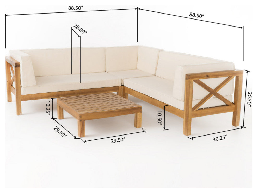 GDF Studio Brava Outdoor 4 Piece V-Shaped Acacia Wood Sectional Sofa Set, Beige