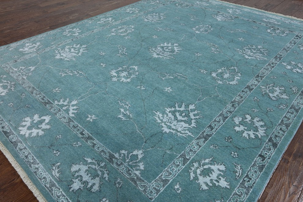 8' Square Turquoise Blue Oriental Oushak Rug, W2158