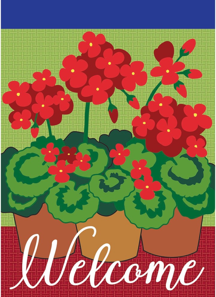 Double Applique Geraniums Burlap Garden Flag