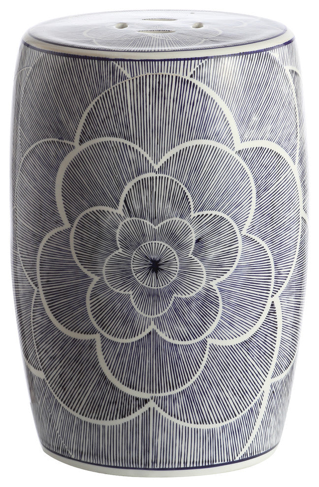 Camellia 17" Ceramic Drum Garden Stool, Blue