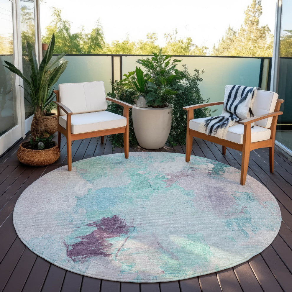 Machine Washable Indoor/Outdoor Chantille ACN1914 Teal 8' x 8' Round Rug