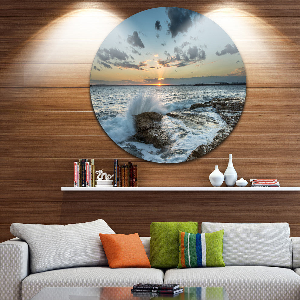 Bright Sydney Sunset Over Sea, Seashore Round Metal Wall Art, 11"