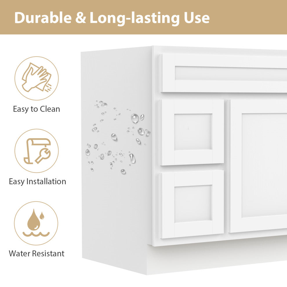 Vanity Art Vanity Base Cabinet, No Top, Drawers on Left, 36", White