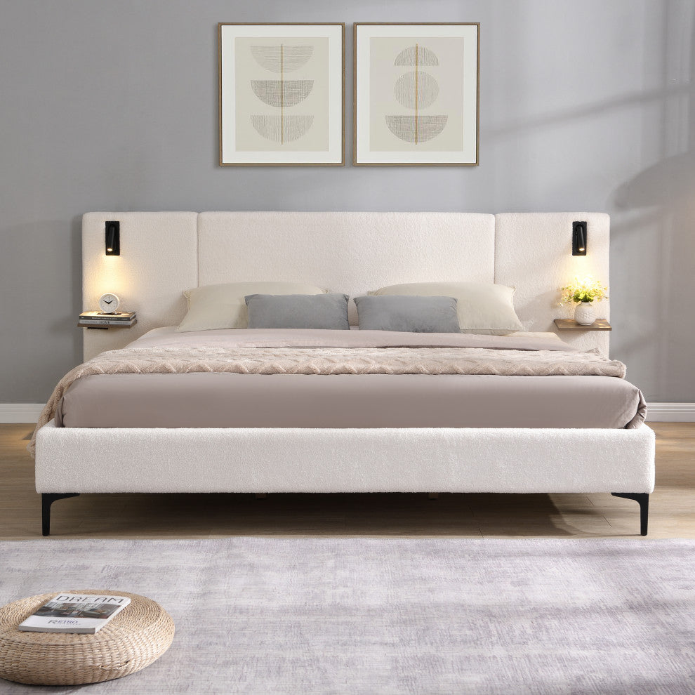 GDF Studio Modern Platform Bed, Built-in Lights & Shelves, White, King