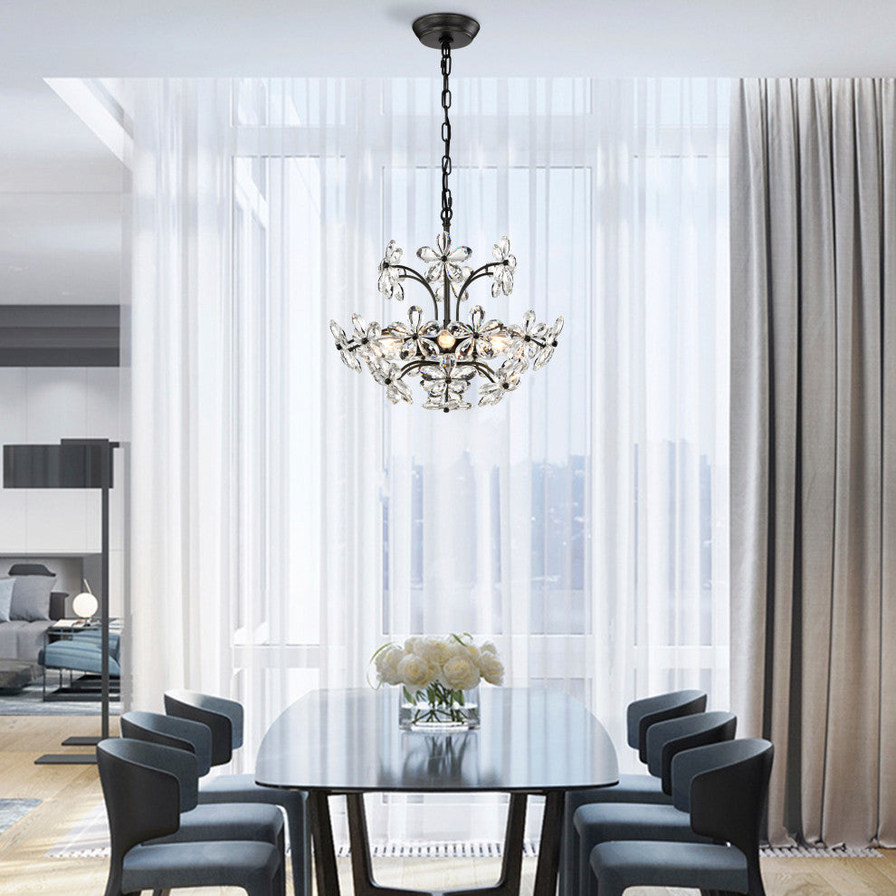Almira 6 Lights Antique Black Daisy Flower Crystal Chandelier