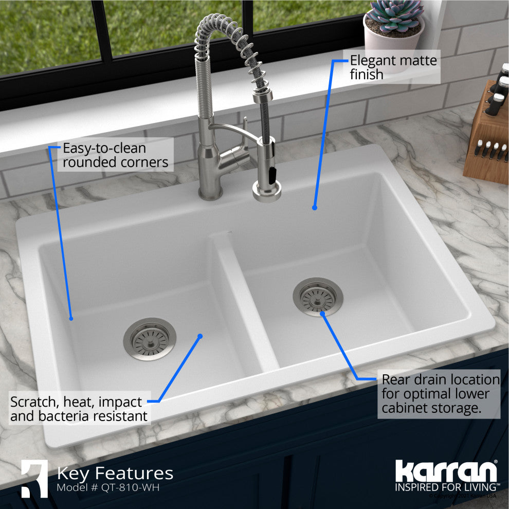 Karran 33" Top Mount Double Equal Bowl Quartz Kitchen Sink Kit, White