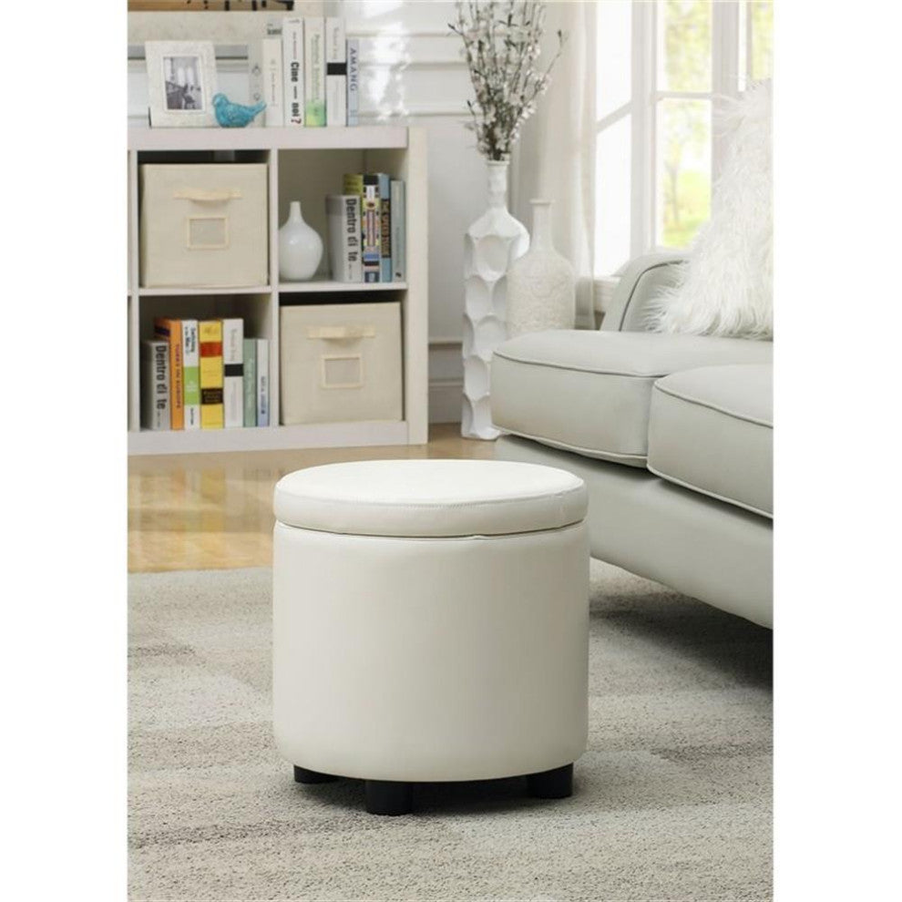 Designs4Comfort Round Accent Storage Ottoman in Ivory White Faux Leather Fabric