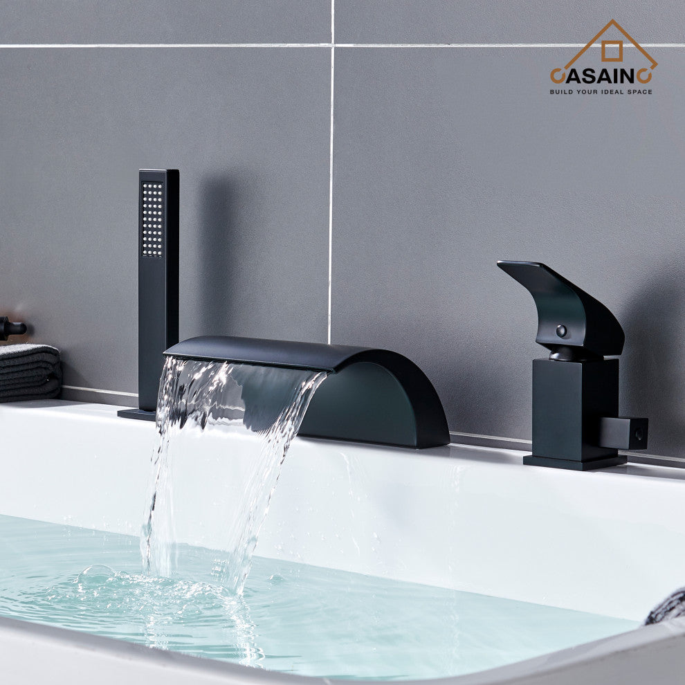 CASAINC Roman Tub Luxury Waterfall Faucet Set Spout w Hand Shower, Matte Black