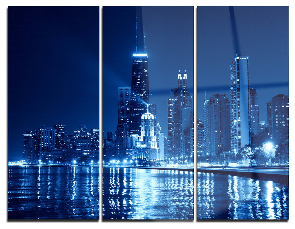 "Blue Chicago Skyline Night" Photo Metal Wall Art, 3 Panels, 36"x28"