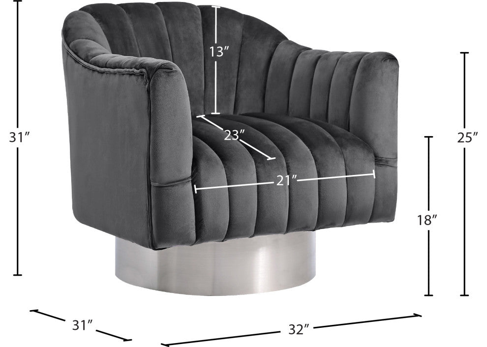 Farrah Velvet Upholstered Accent Chair, Gray, Chrome Swivel Base