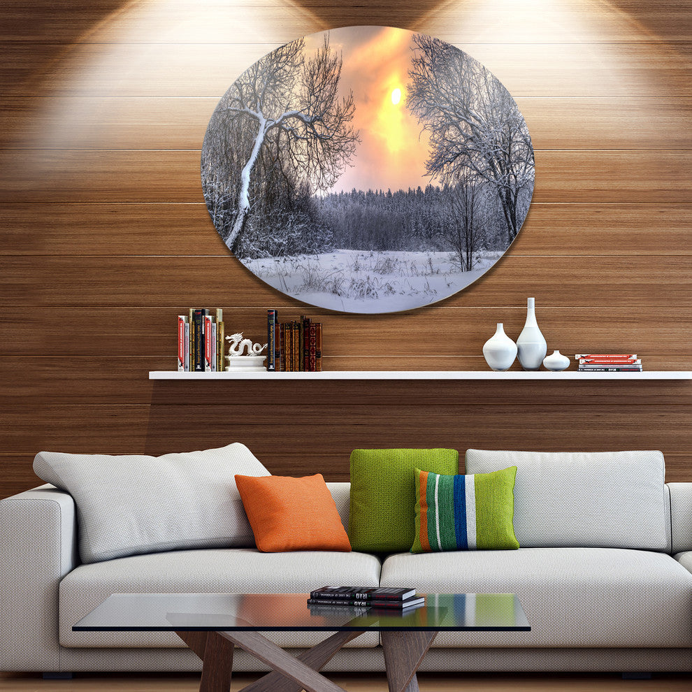 Winter Landscape With Yellow Sun, Landscape Disc Metal Wall Art, 11"
