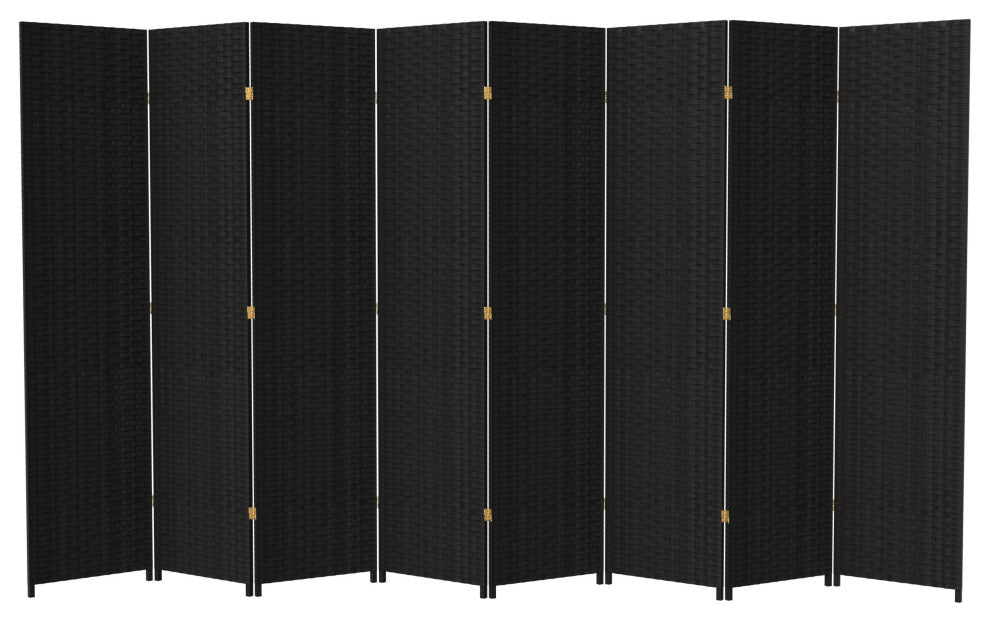 7' Tall Woven Fiber Room Divider, Black, 8 Panel
