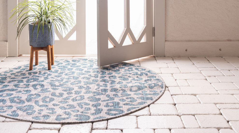 Unique Loom Teal Leopard Outdoor Rug, Teal, Gray, 4' X 4'