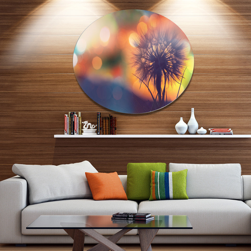 Dandelion Flower On Orange Background, Flower Round Wall Art, 11"