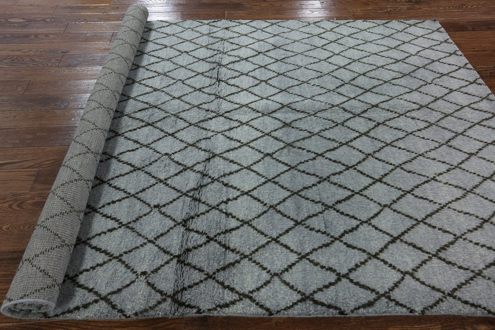 Moroccan Diamond Design 6'x9' Blue Hand Knotted Oriental Wool Area Rug