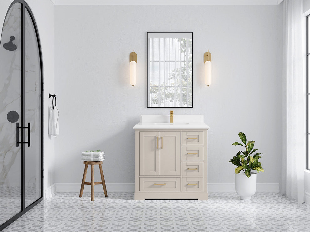 Boston 36" Center Sink Bath Vanity in Fine Grain 1.5" White Quartz