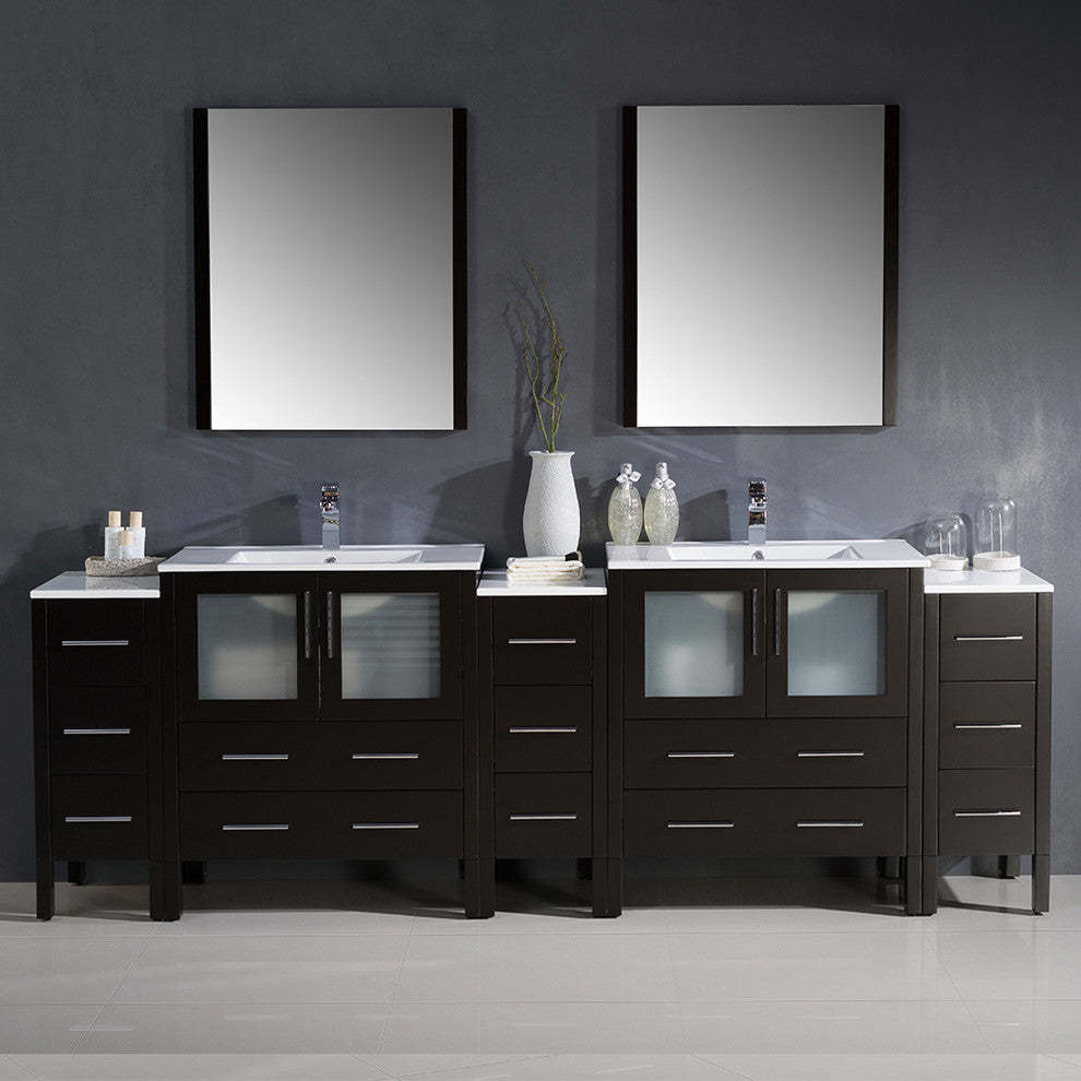 Torino 96" Espresso Modern Double Sink Bathroom Vanity, Faucet FFT9161BN