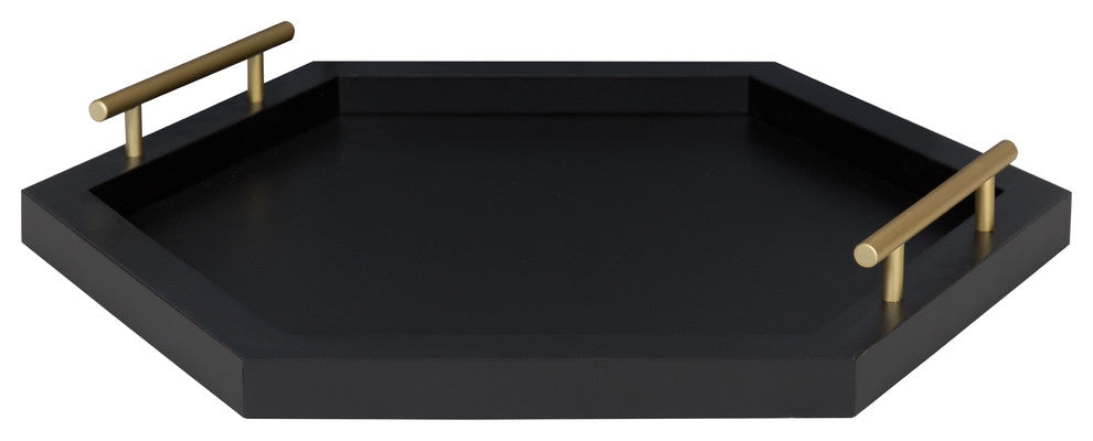 Halsey Hexagon Decorative Wood Tray With Polished Metal Handles, Black