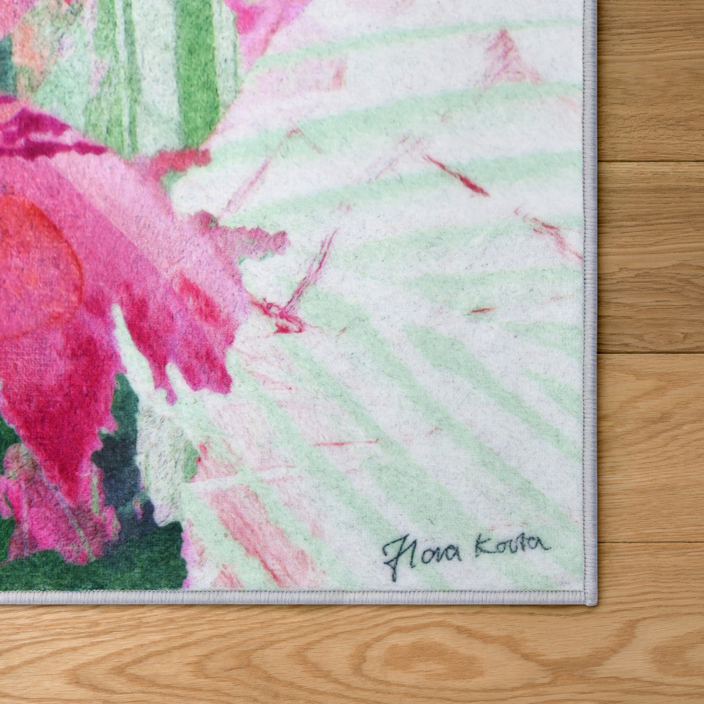 Pink Green Floral I Hand Washable Flowers Power-loomed Art Area Rug, 5'x7.5'