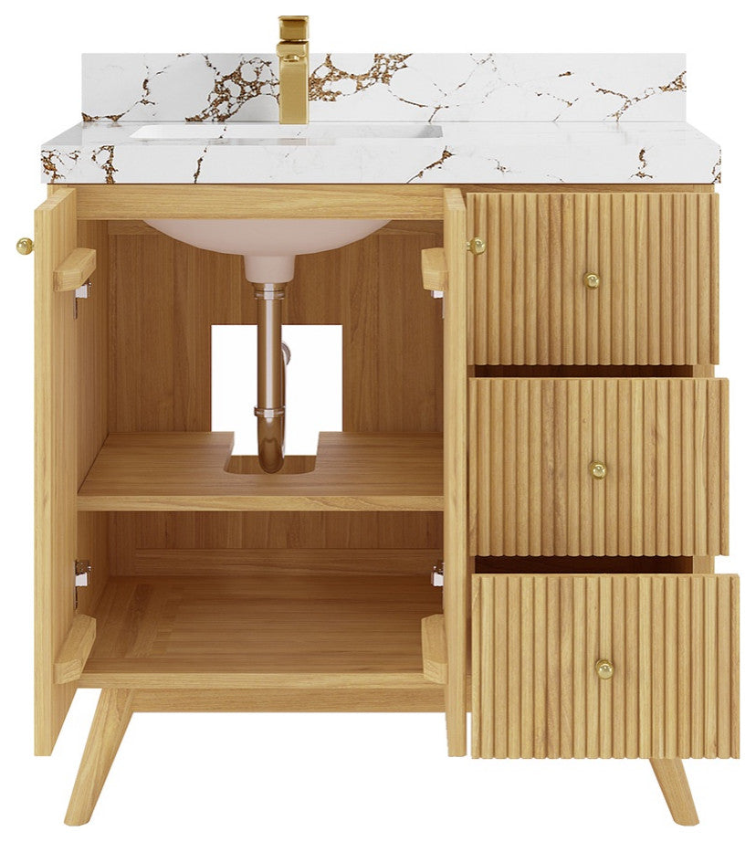 Pasadena 36 Left Offset  Bath Vanity in Light Natural Teak 2" Viola Brown