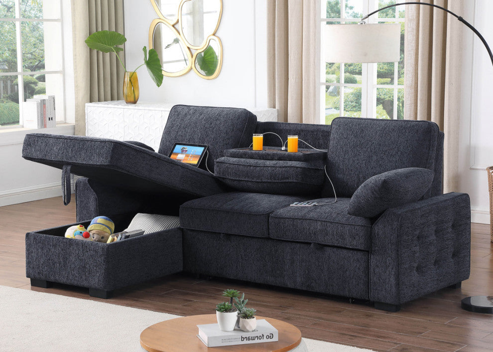 Mackenzie 91" Chenille Reversible Sleeper Sectional, Drop-Down Table, Dark Gray