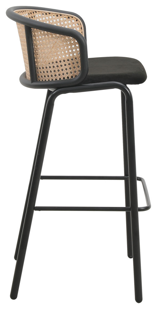 LeisureMod Ervilla Wicker Bar Stool With Black Powder Coated Frame, Black