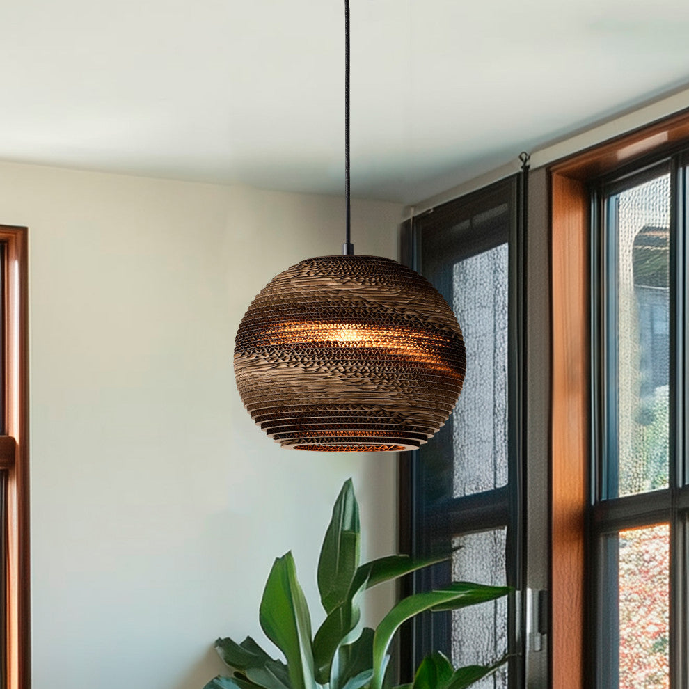 1-light Brown Natural Pendant Light With Nordic Style Globe Cardboard Shade