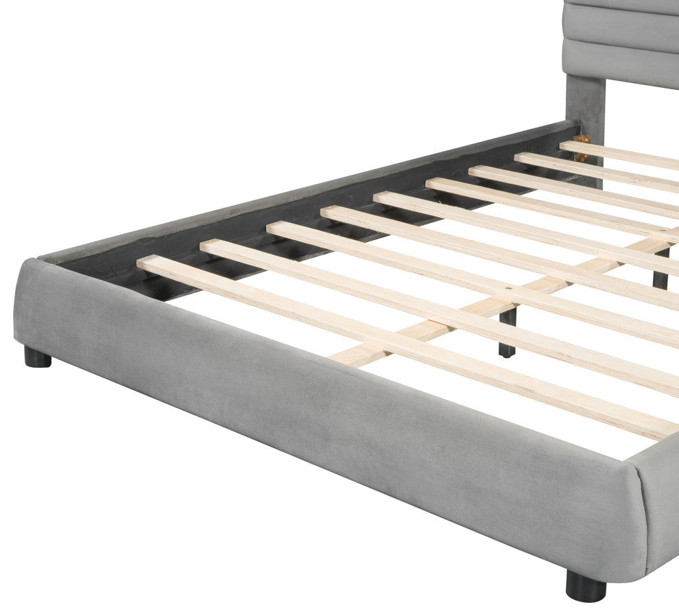 GDF Studio Queen Size Upholstered Velvet Curved Platform Bed, Gray