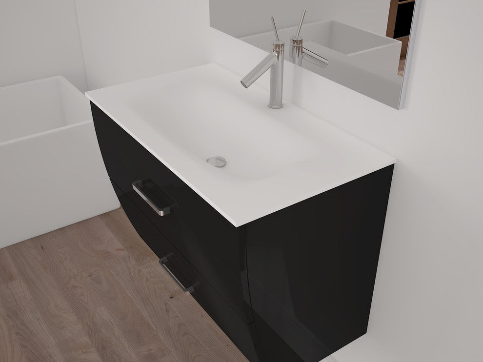 Wave Bathroom Vanity Gloss and Matte Sink Console, Black, 32", Without Mirror