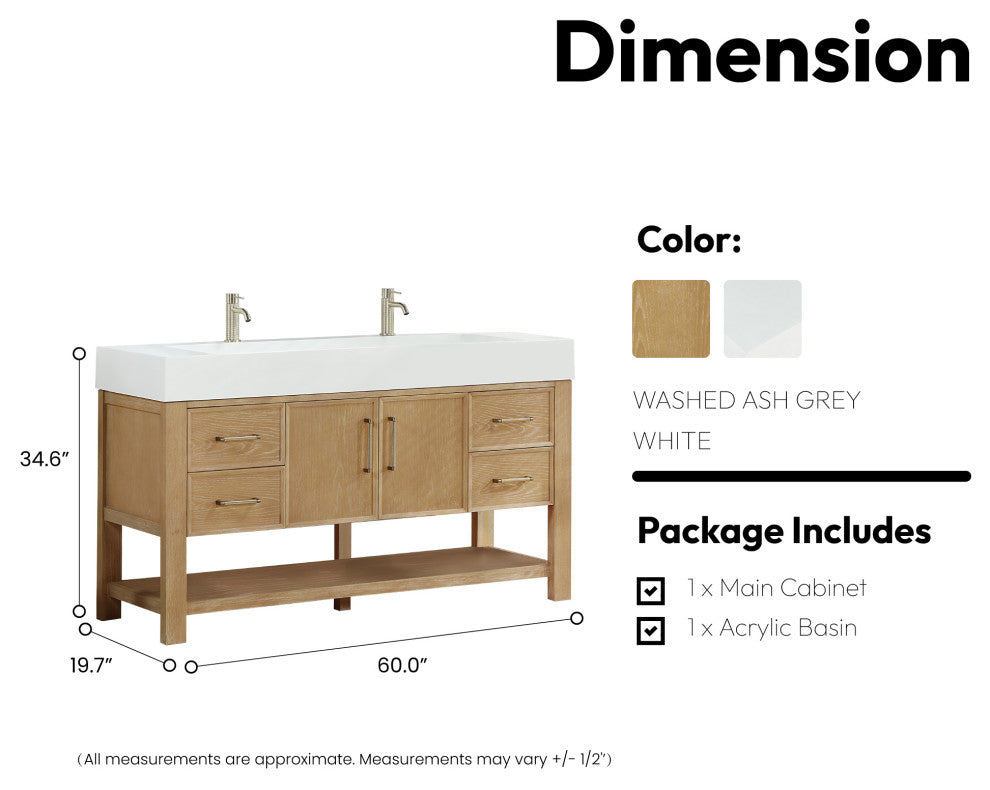 Vera Bath Vanity with Stone Top, Washed Ash Grey, 60", Single Vanity, No Mirror