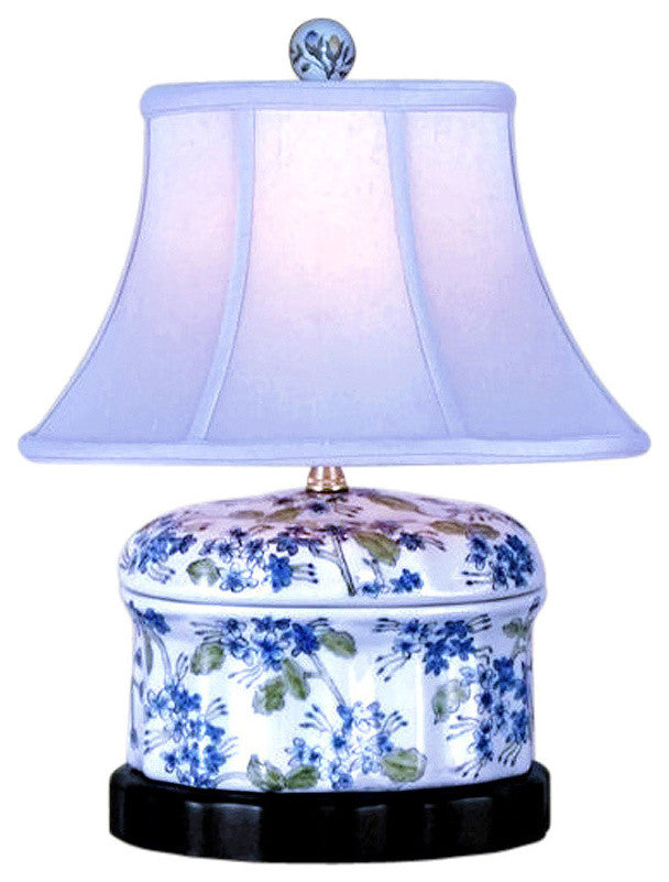 Chinese Porcelain Green Blue White Round Box Floral Motif Table Lamp 15"
