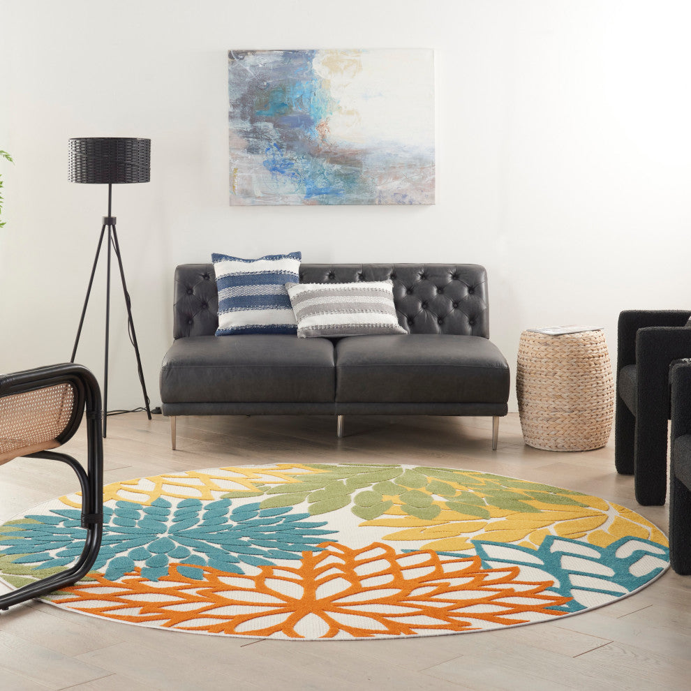 Nourison Aloha 7'10" x Round Turquoise Multicolor Tropical Rug