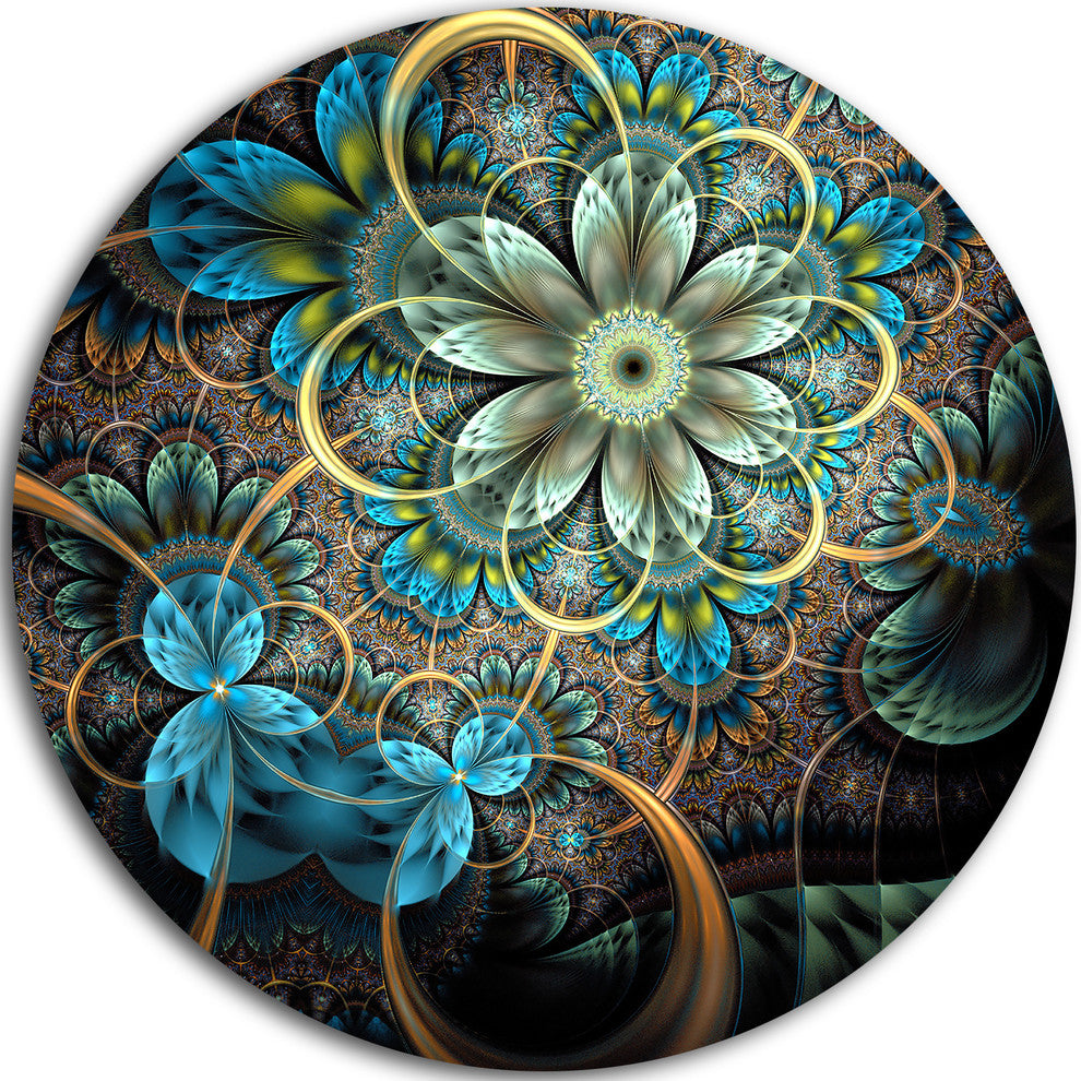Lighted Blue Fractal Blue Flowers, Floral Disc Metal Artwork, 11"