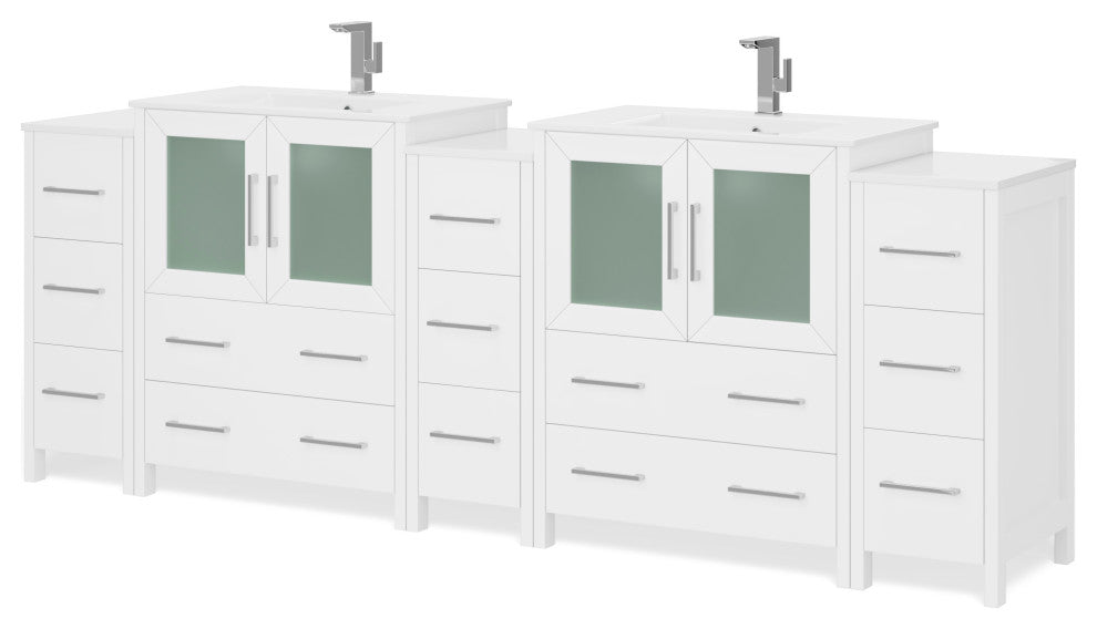 The Pullman Bathroom Vanity, White, 96", Double Sink, Freestanding