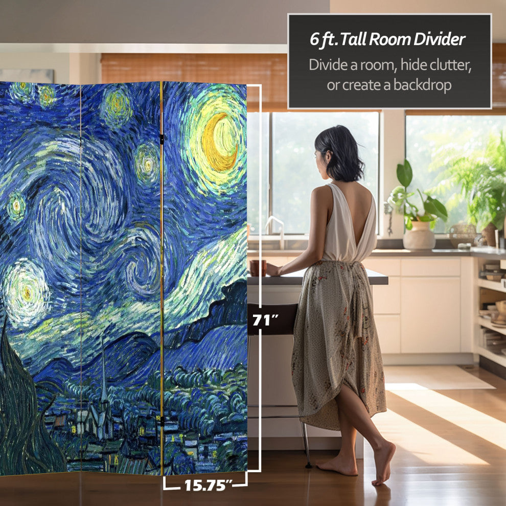6' Tall Double Sided Works of Van Gogh Canvas Room Divider 4 Panel